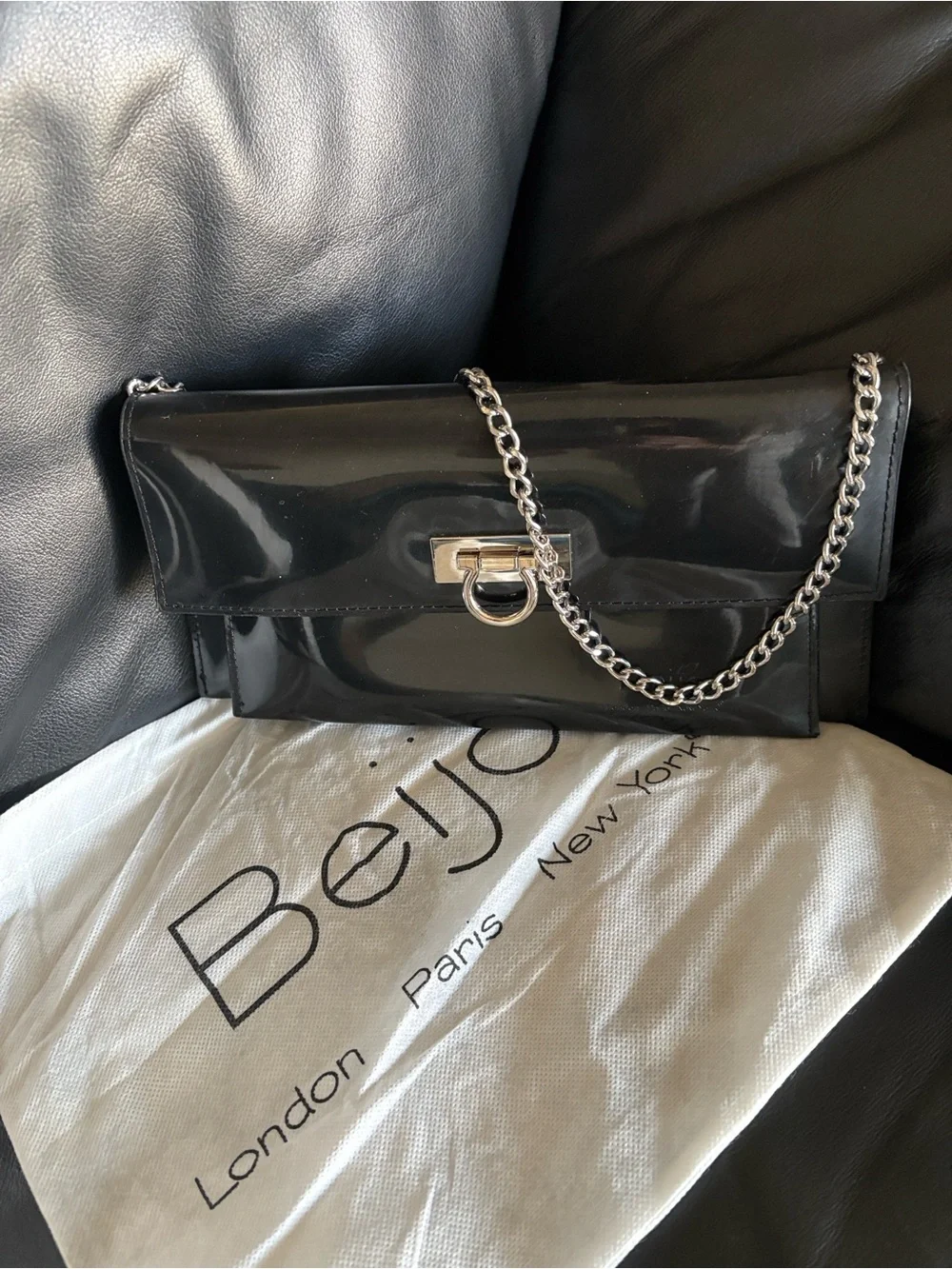 Beijo Black Patent Clutch with Gold Ring Lock